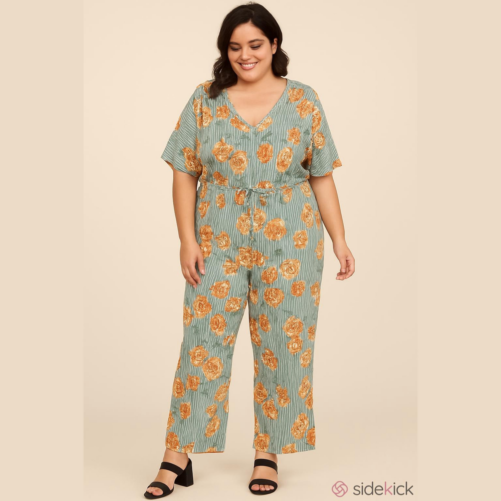 Womens Short Sleeve Jumpsuit V Neck Tie Belt Size 1XL